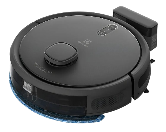 Robô aspirador de pó inteligente da marca Electrolux com design redondo e acabamento moderno.